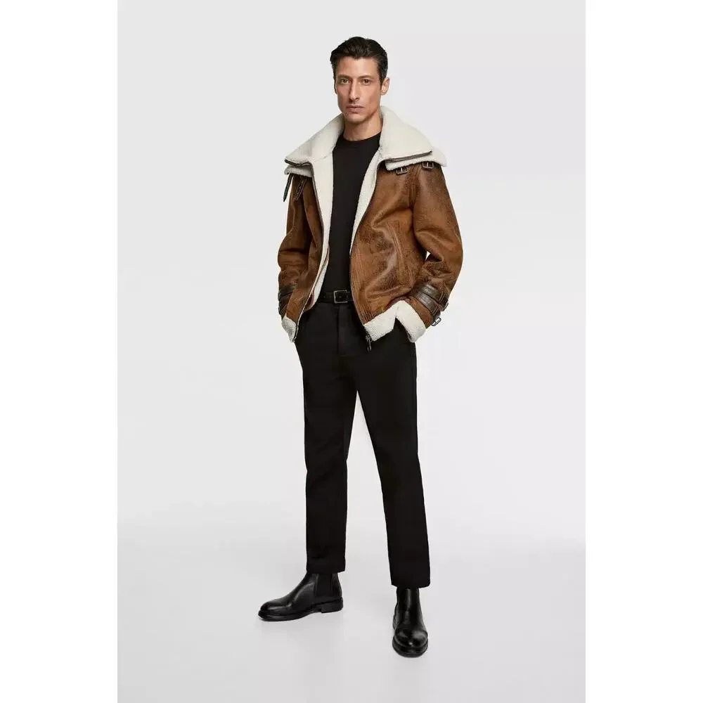 Zara Faux Leather Sherpa Lined Aviator Style Contrast Double Collar Jacket Large - Picture 10 of 13